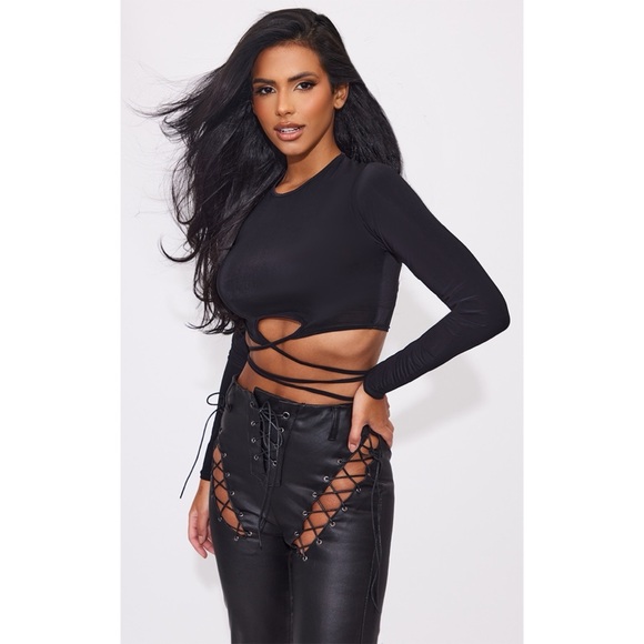 Pretty Little Thing Long Sleeve Tie Crop Top Small - Picture 1 of 3